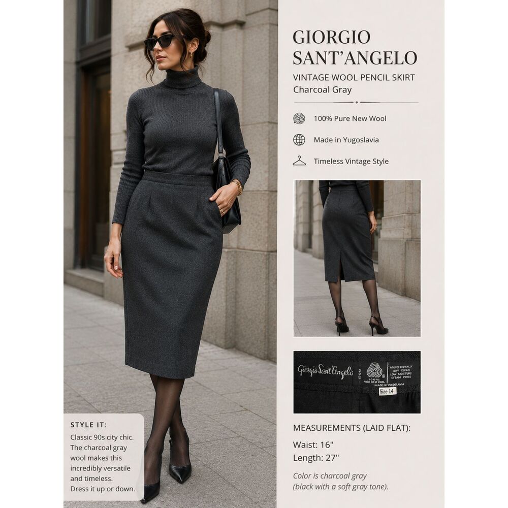 Vintage Giorgio Sant'Angelo Wool Pencil Skirt 14 Black Midi Made Yugoslavia
